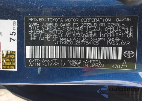 2008 Toyota Prius from USA, damaged, VIN JTDKB20U287784105